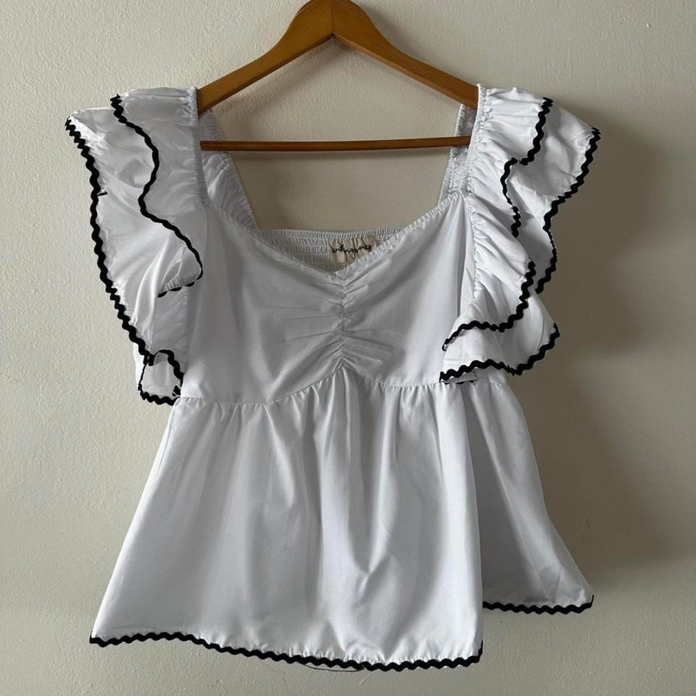 NWT Wishing Waves White Rickrack Ruffle Babydoll Top Sweetheart Neckline Small